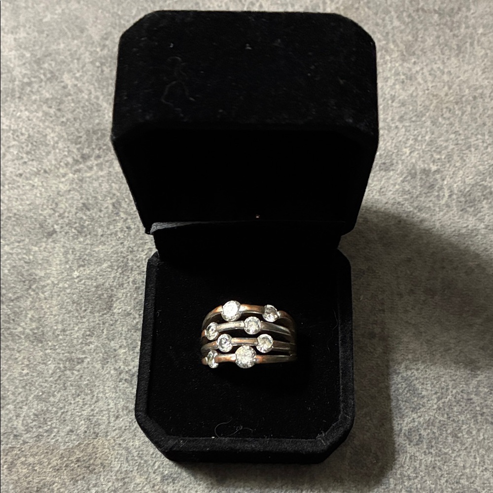 Women's Multi-Band Silver Ring with White Stones - Elegant Stacking Style